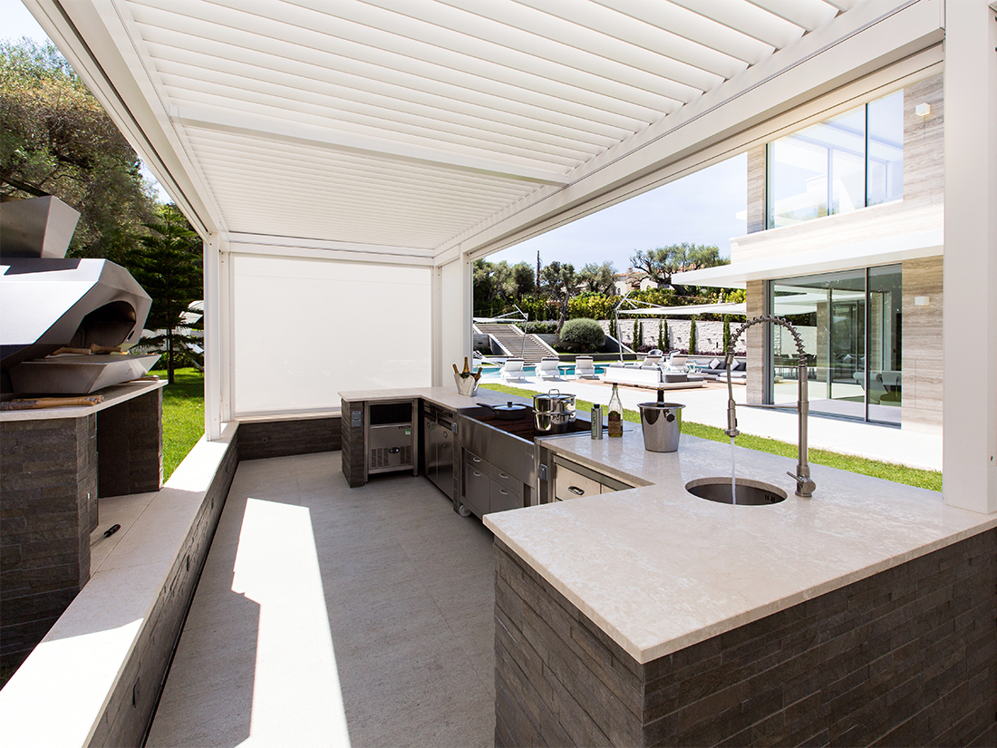 Louvered Roof Over Outdoor Kitchen