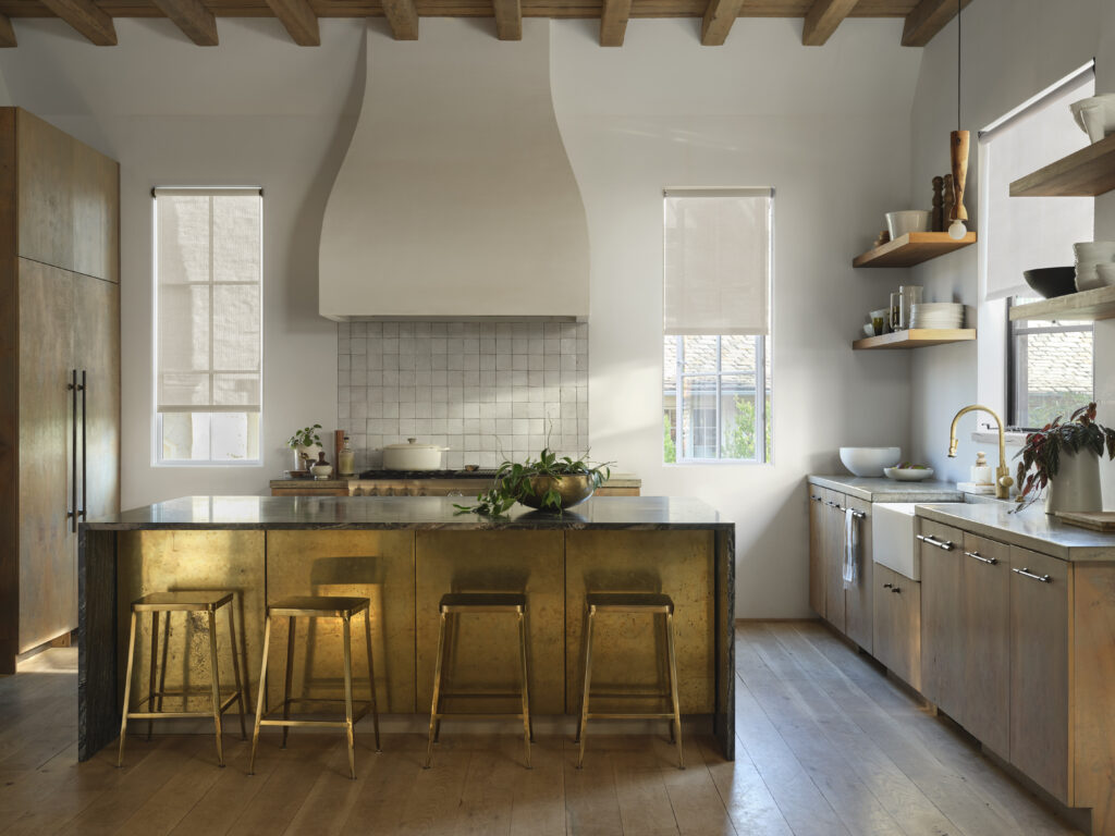 indoor solar roller shades in a gorgeous kitchen