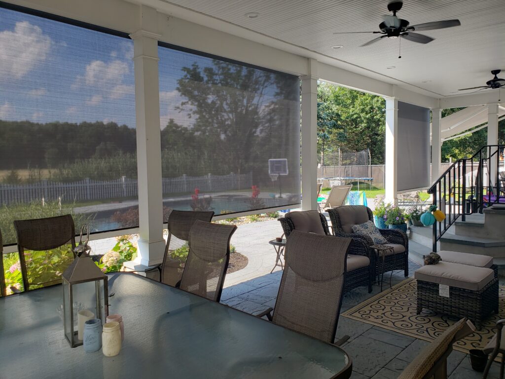 outdoor patio with exterior roller shades